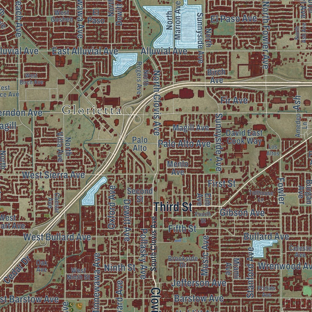 Close-up of the map of Clovis, California print showing street and building detail