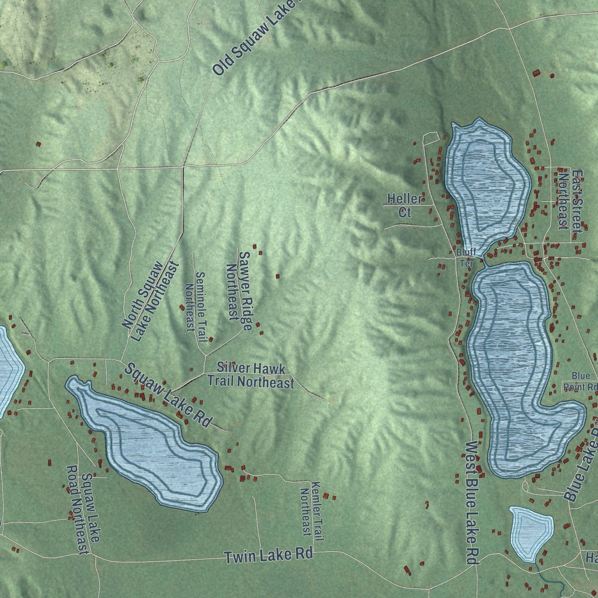Close-up of the map of Blue Lake, Kalkaska County, Michigan print showing street and building detail