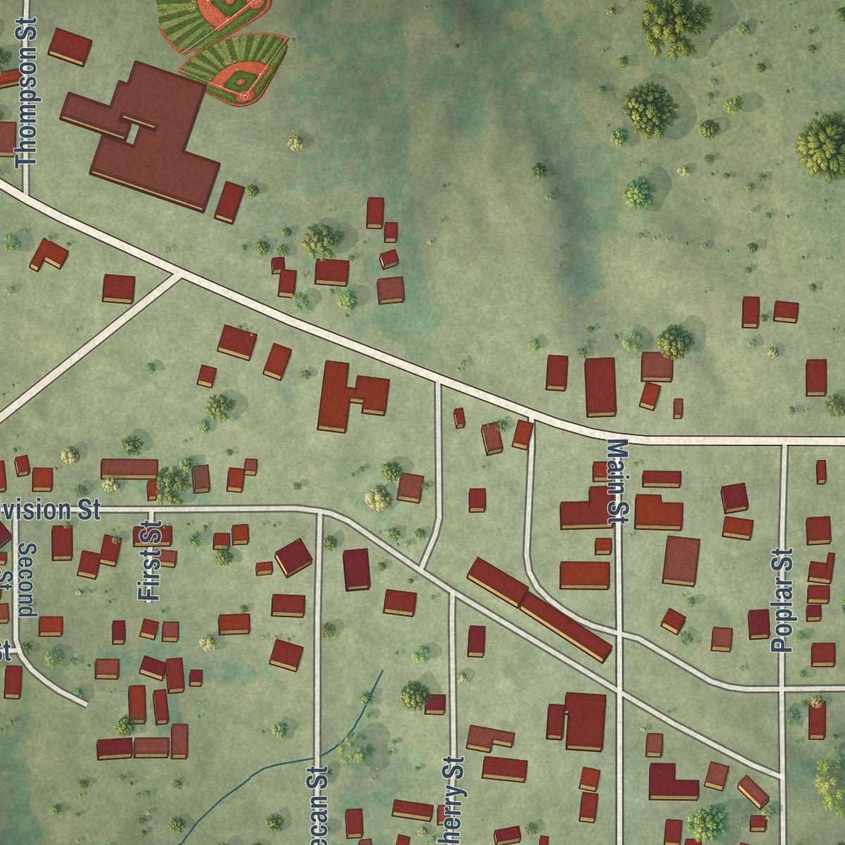 Close-up of the map of Thompsonville, Illinois print showing street and building detail