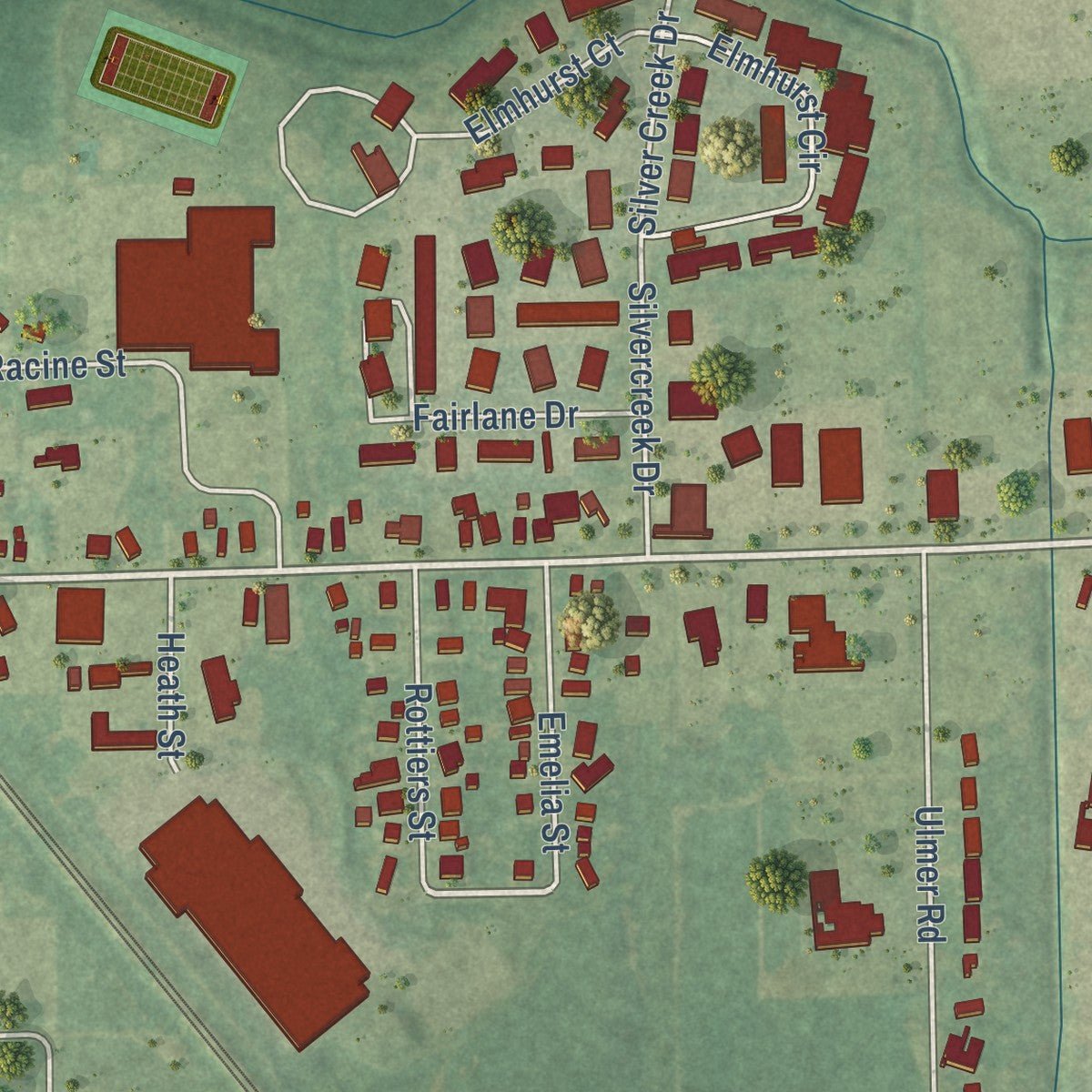 Close-up of the map of Birch Run, Michigan print showing street and building detail