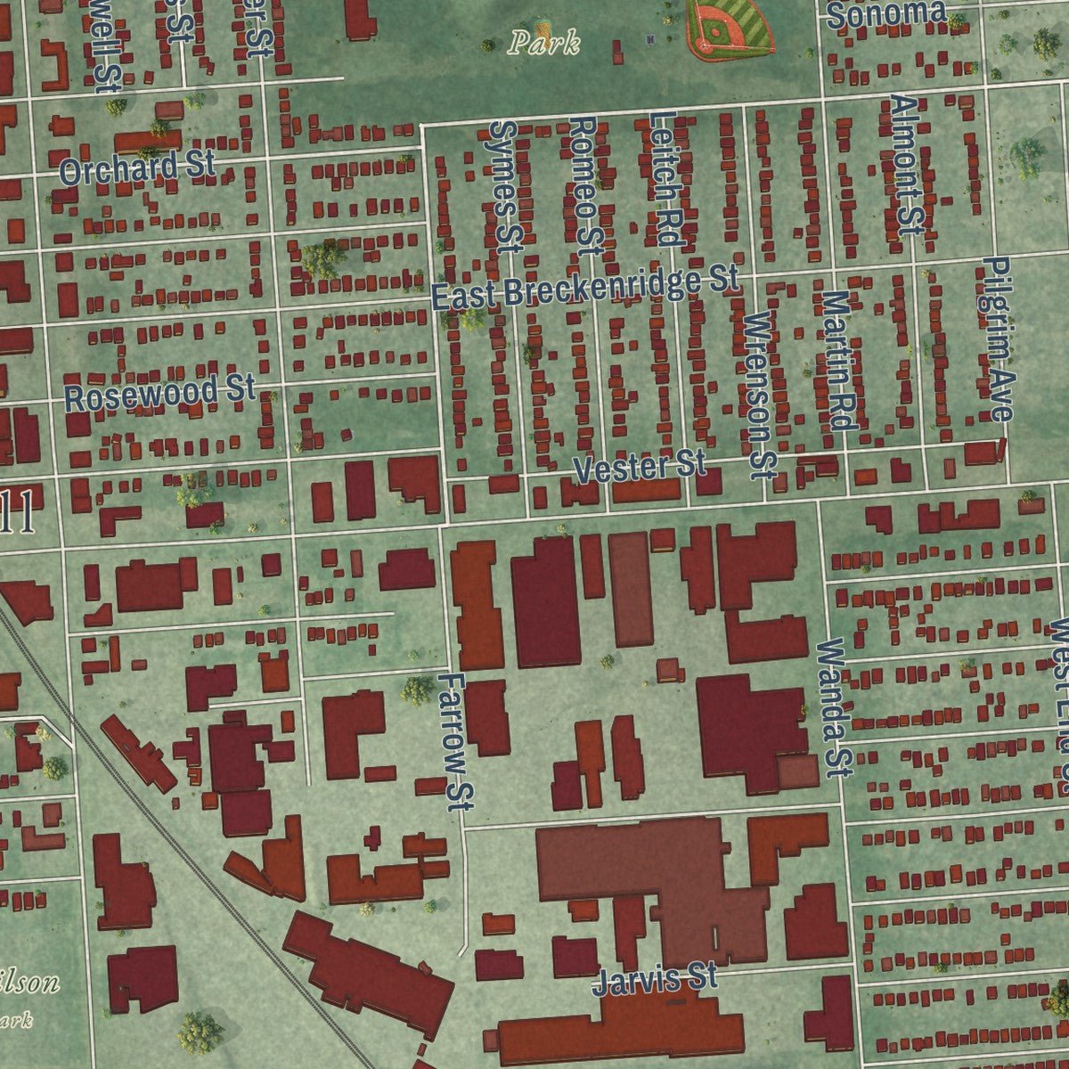 Close-up of the map of Ferndale, Michigan print showing street and building detail