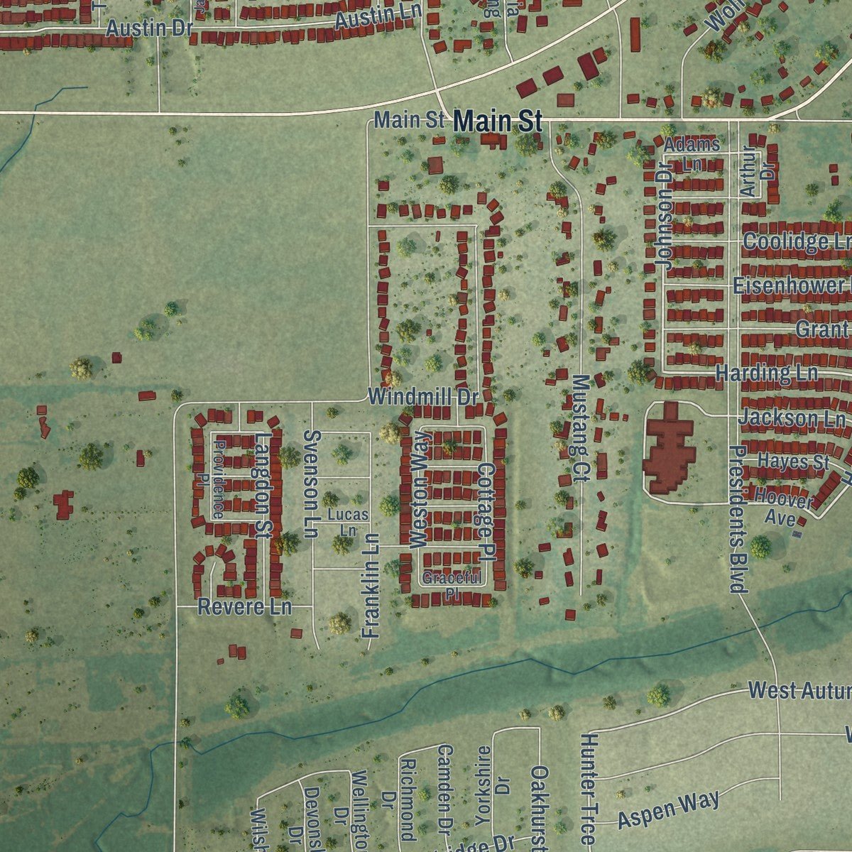 Close-up of the map of Lavon, Texas print showing street and building detail