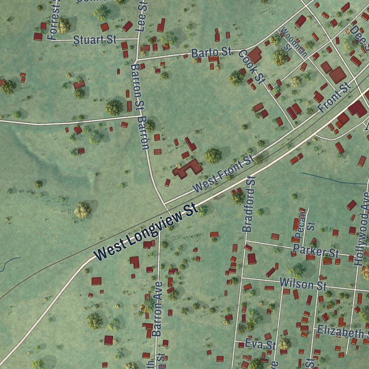Close-up of the map of Arp, Texas print showing street and building detail
