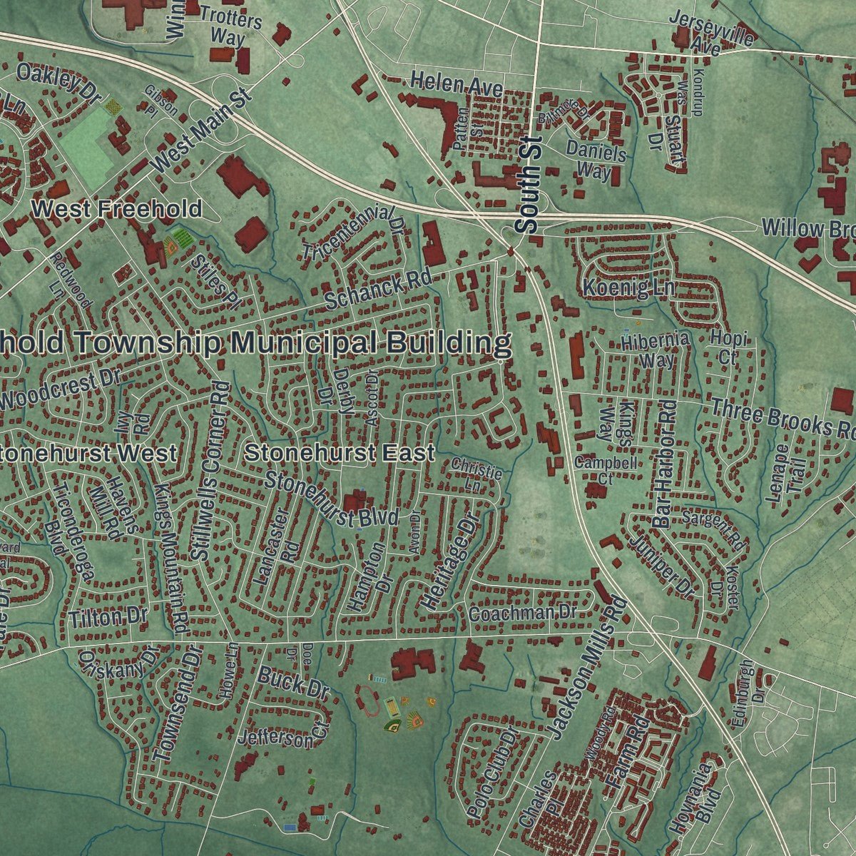 Close-up of the map of Freehold, Monmouth County, New Jersey print showing street and building detail
