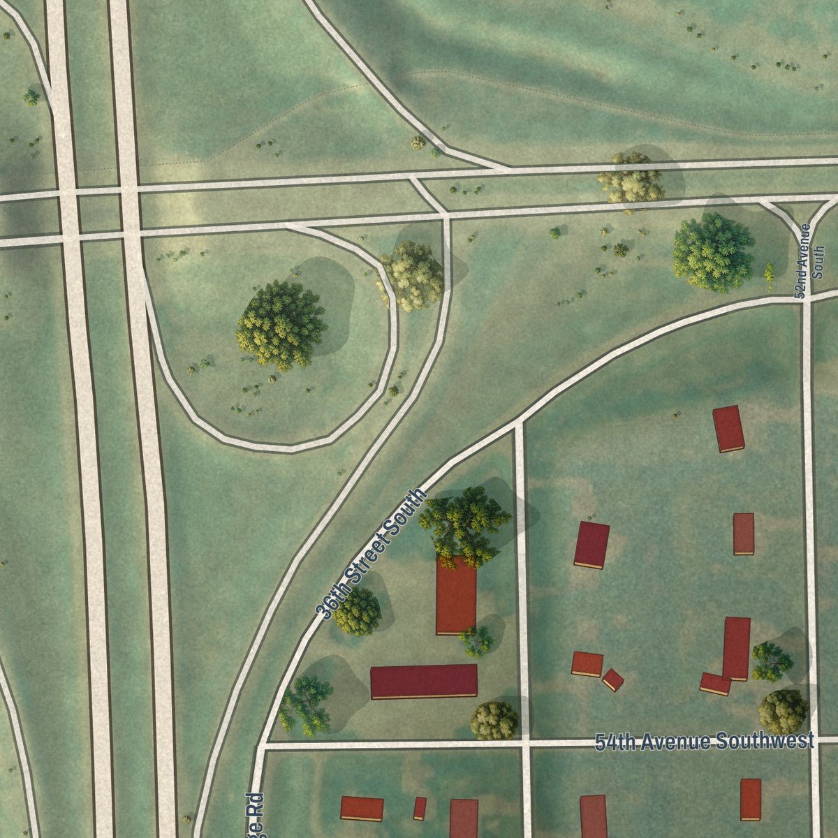 Close-up of the map of Frontier, North Dakota print showing street and building detail