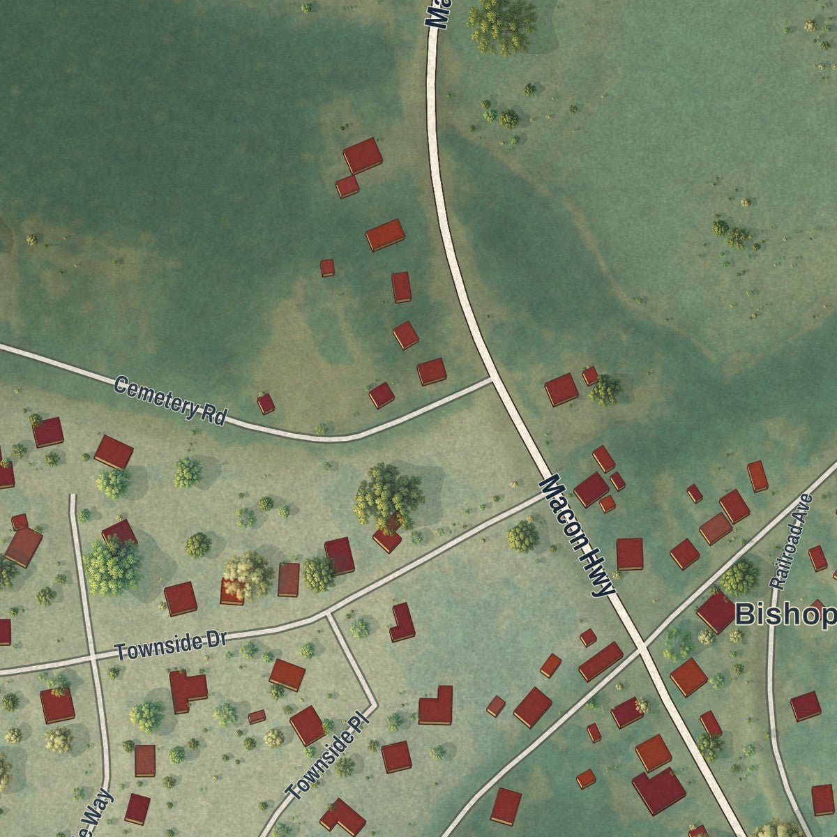 Close-up of the map of Bishop, Georgia print showing street and building detail