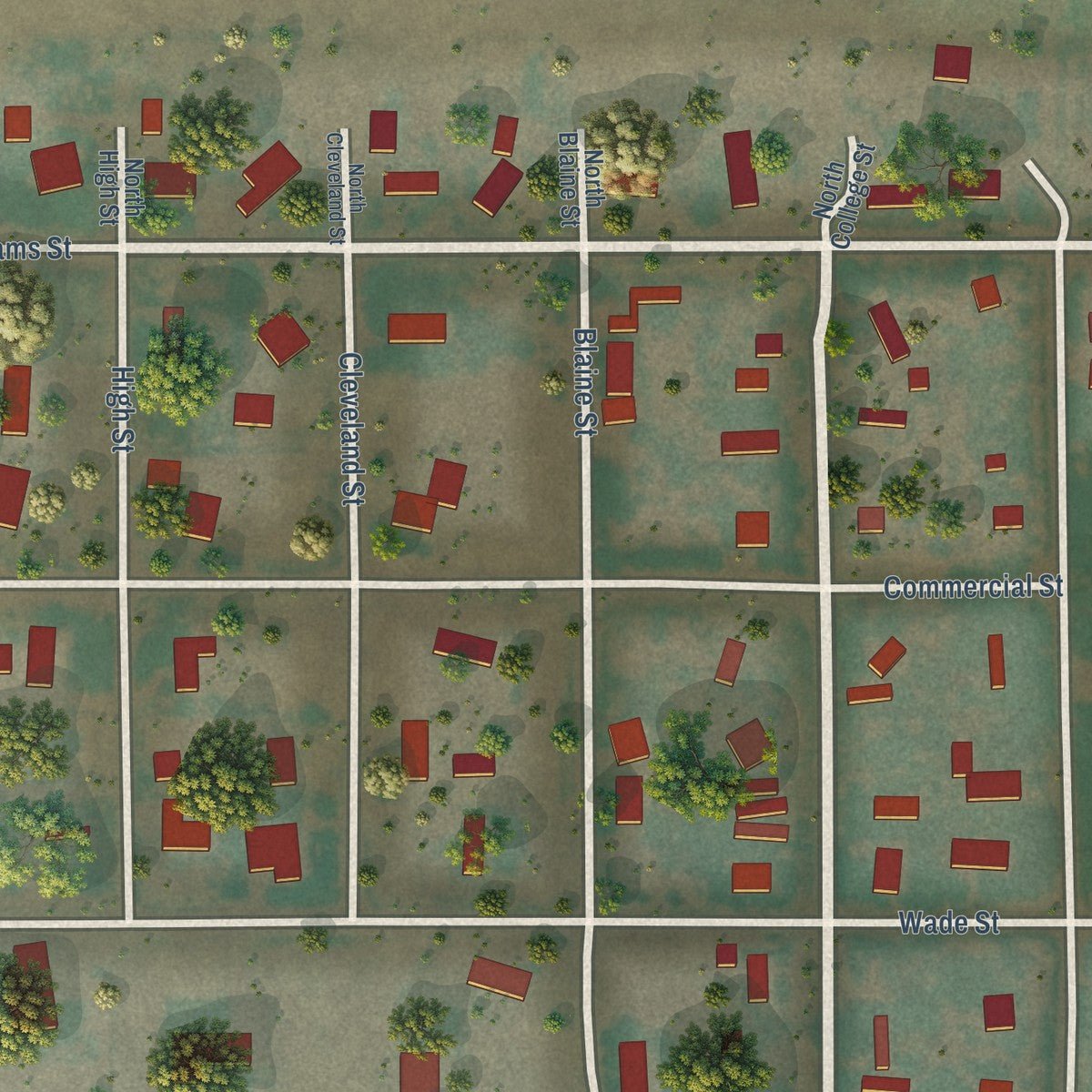 Close-up of the map of Adams, Oregon print showing street and building detail