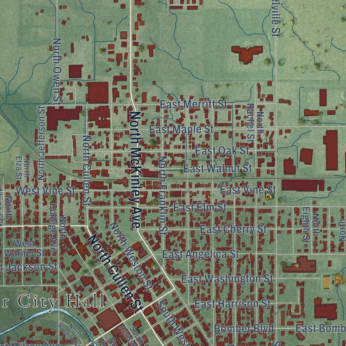 Close-up of the map of Rensselaer, Indiana print showing street and building detail
