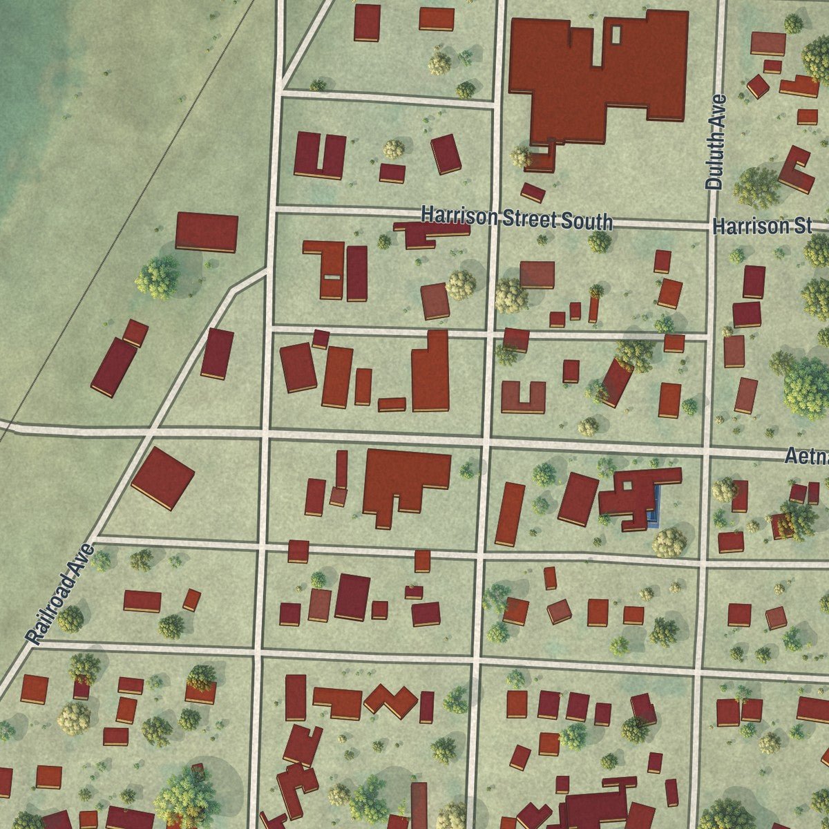 Close-up of the map of Ruthton, Minnesota print showing street and building detail