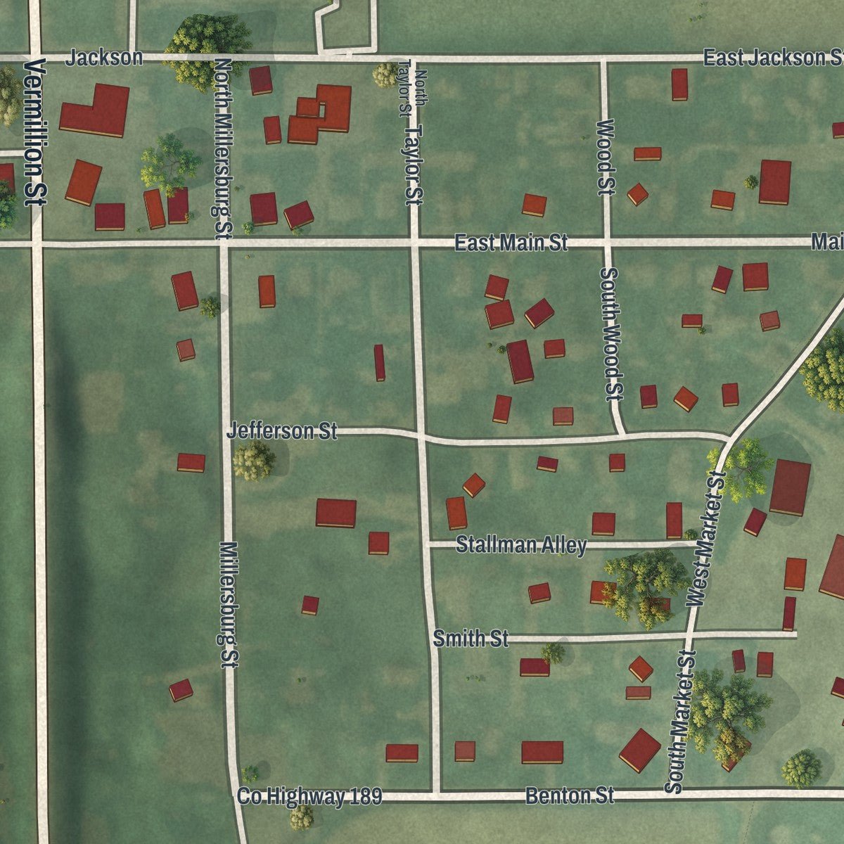 Close-up of the map of Holmesville, Ohio print showing street and building detail