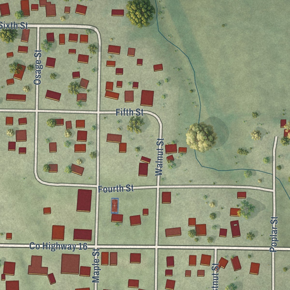 Close-up of the map of Seaton, Illinois print showing street and building detail