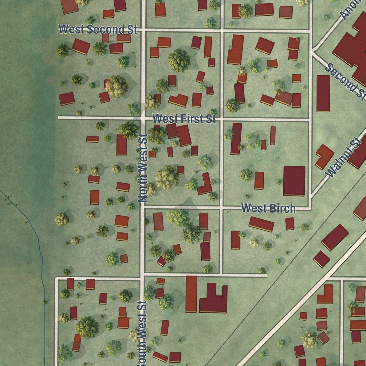 Close-up of the map of Stonington, Illinois print showing street and building detail