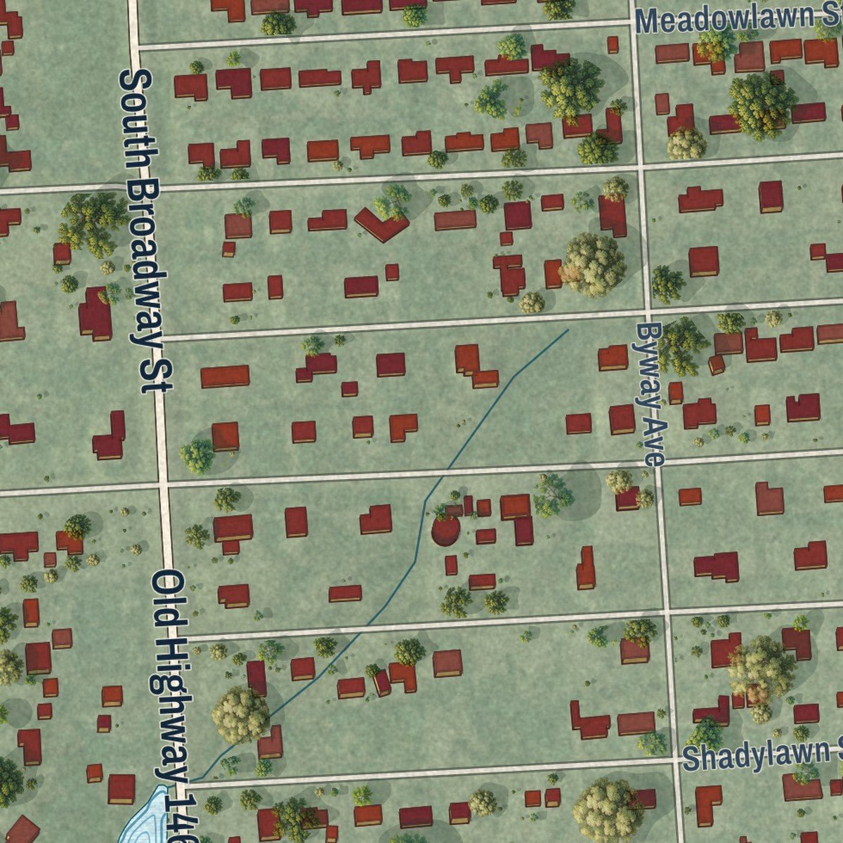 Close-up of the map of Shoreacres, Texas print showing street and building detail