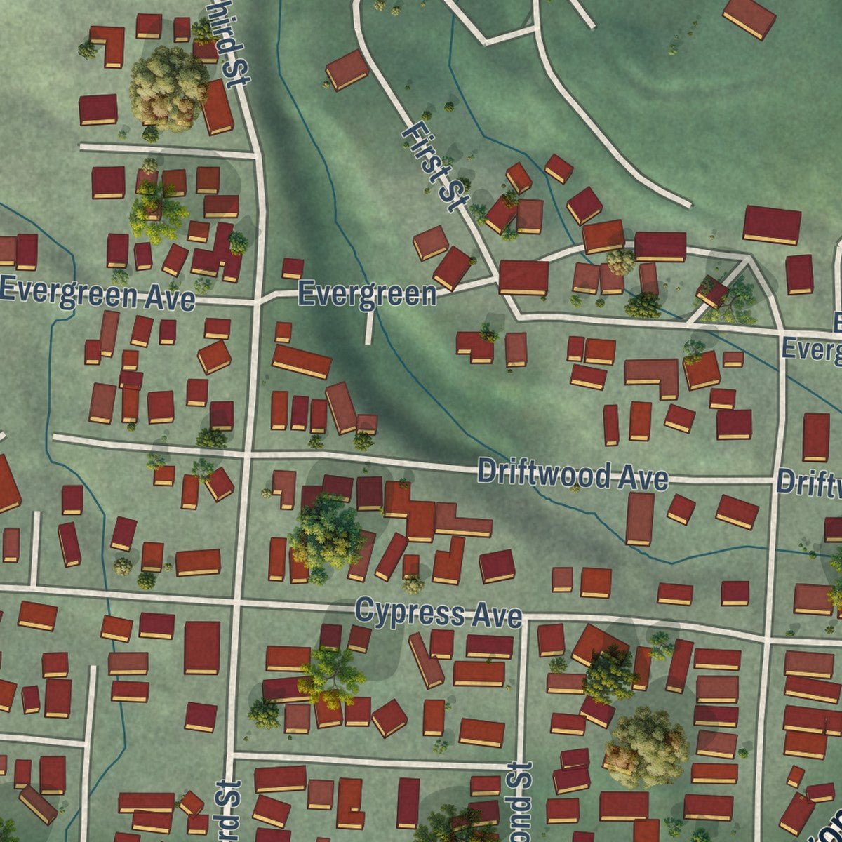 Close-up of the map of Garibaldi, Oregon print showing street and building detail