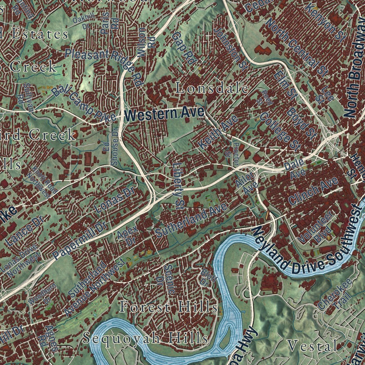 Close-up of the map of Knoxville, Tennessee print showing street and building detail