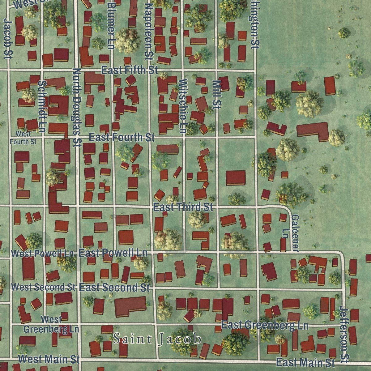 Close-up of the map of St. Jacob, Illinois print showing street and building detail