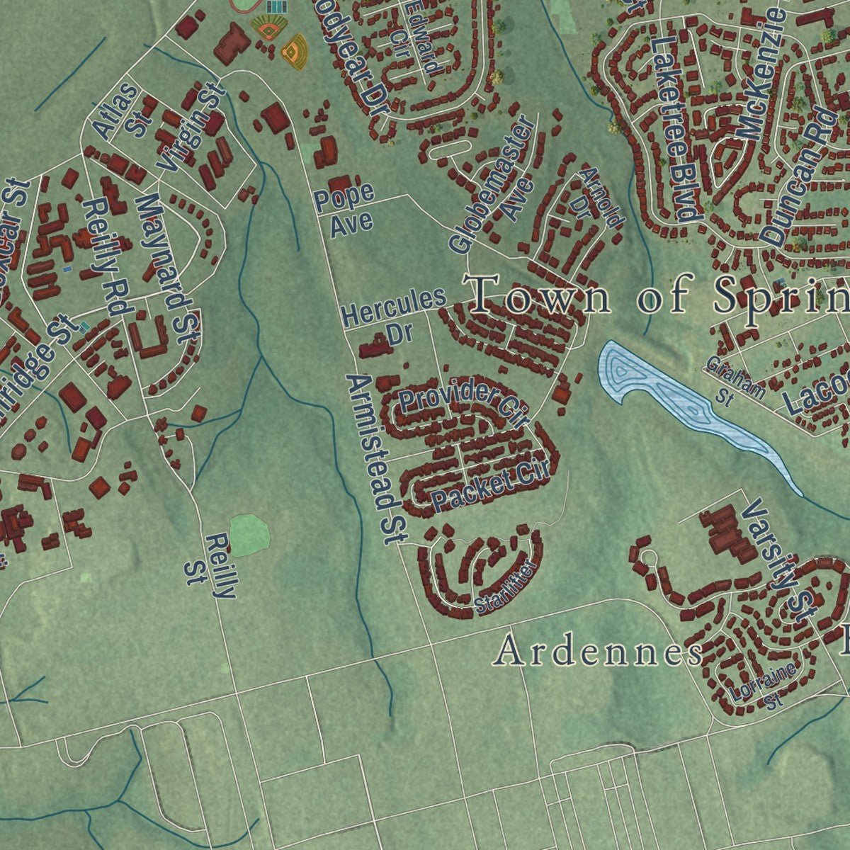 Close-up of the map of Spring Lake, North Carolina print showing street and building detail