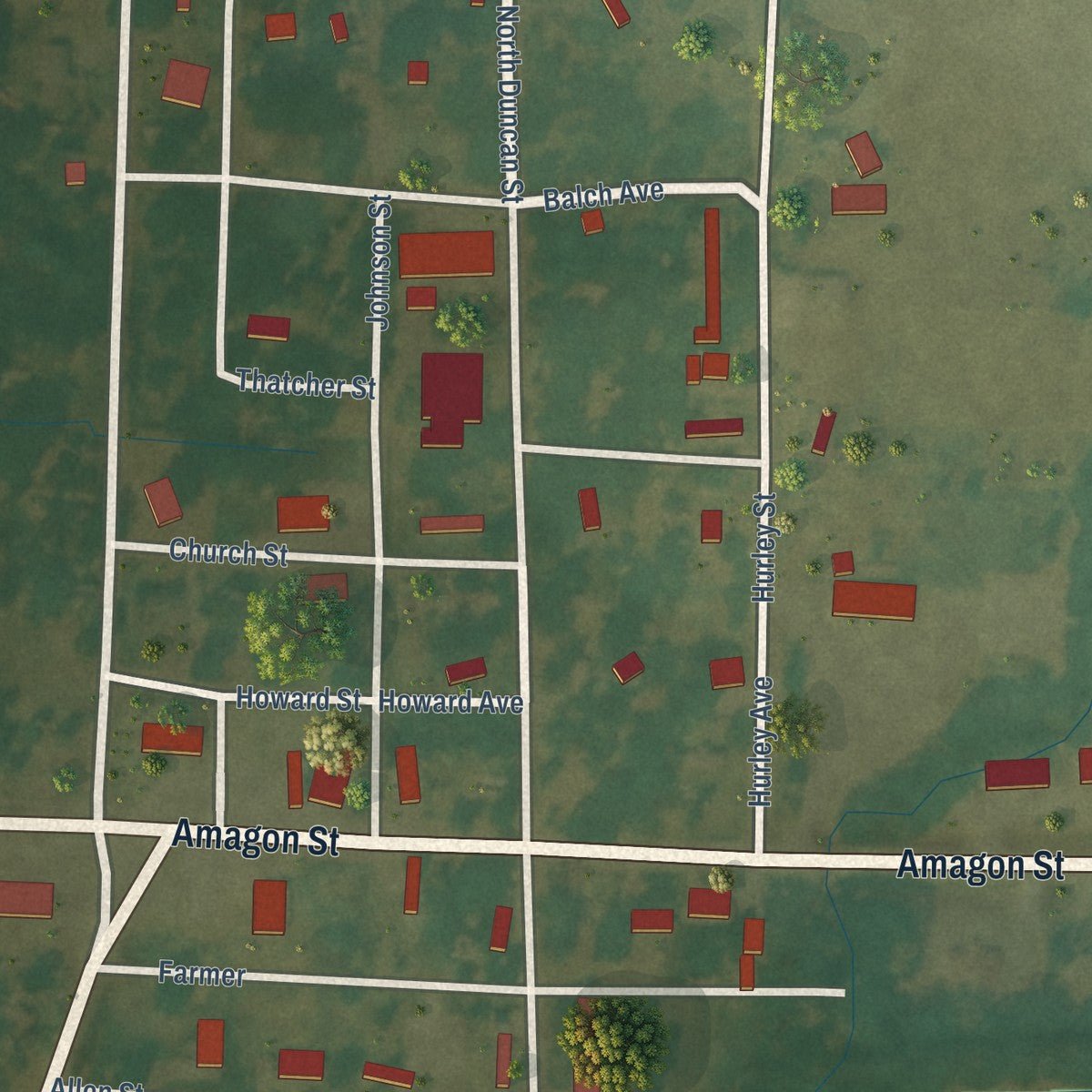 Close-up of the map of Amagon, Arkansas print showing street and building detail