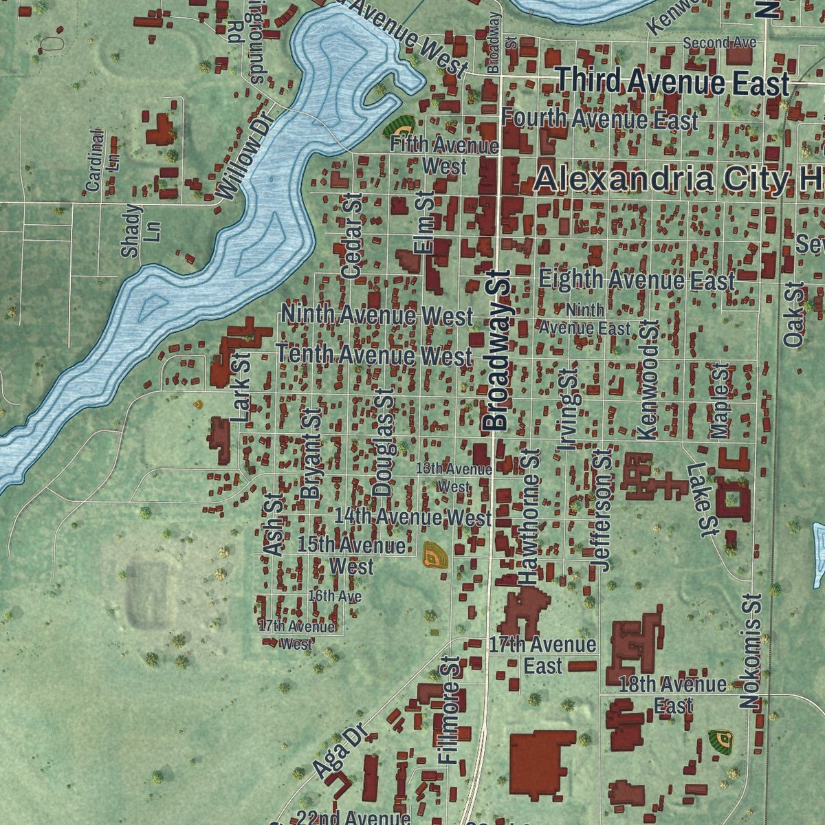 Close-up of the map of Alexandria, Minnesota print showing street and building detail