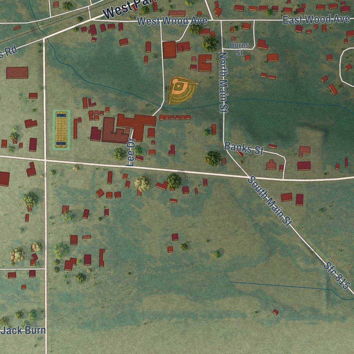 Close-up of the map of Palestine, Arkansas print showing street and building detail