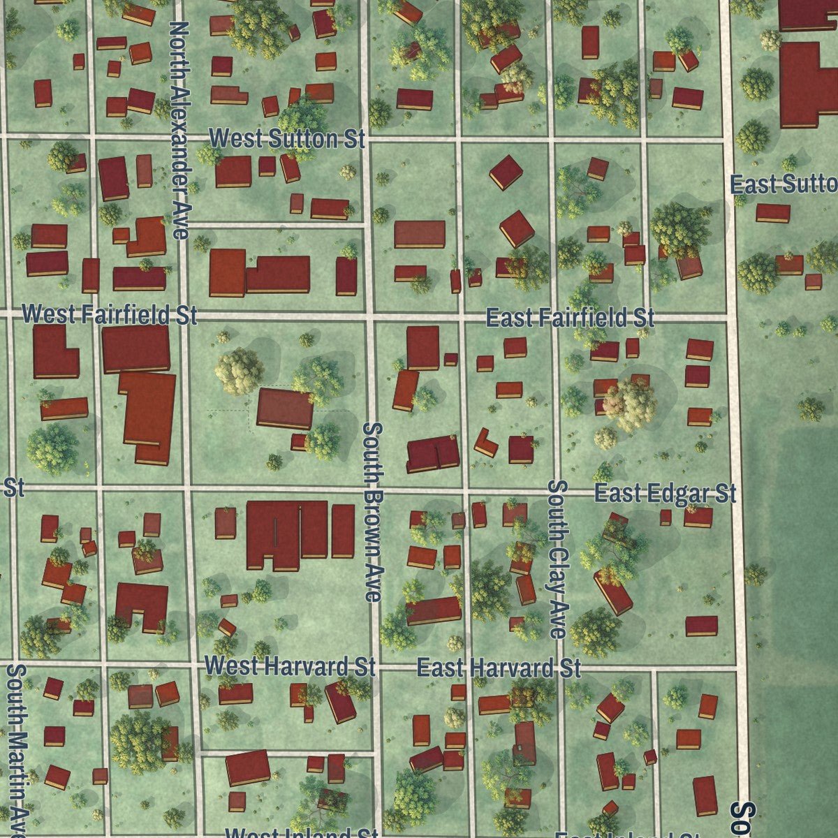 Close-up of the map of Clay Center, Nebraska print showing street and building detail