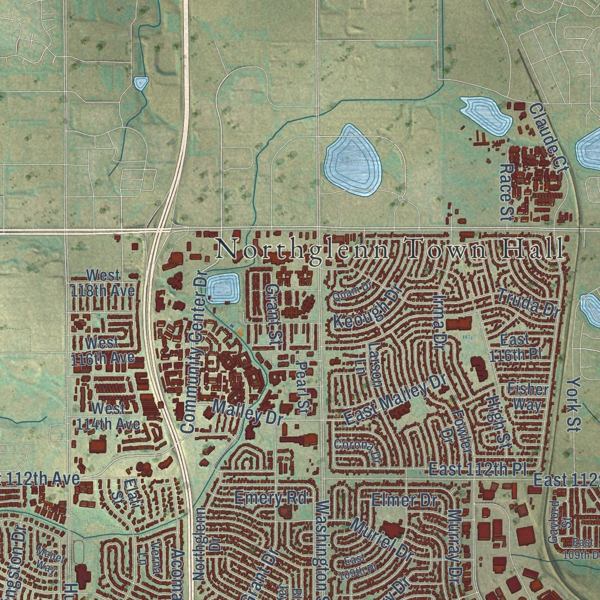Close-up of the map of Northglenn, Colorado print showing street and building detail