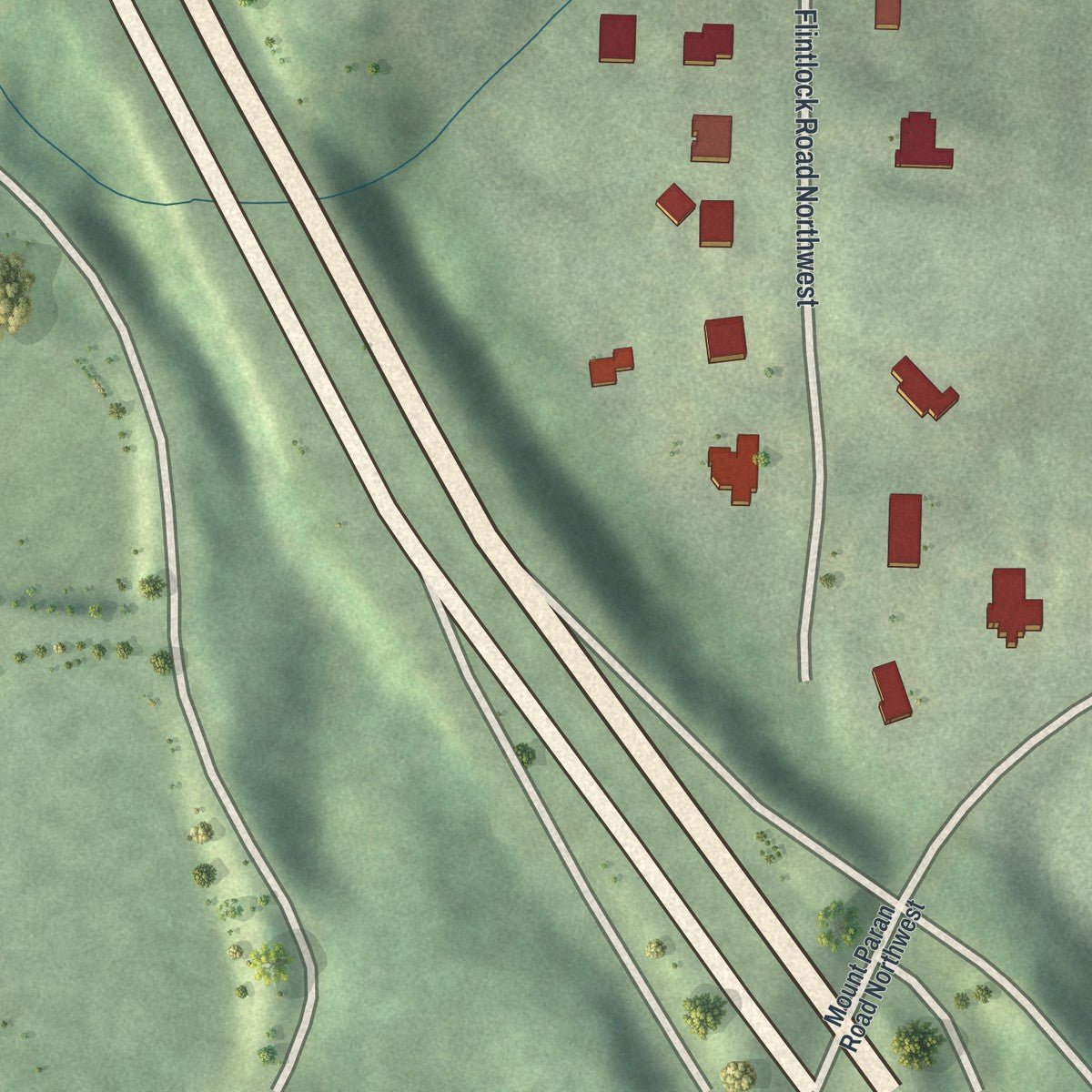 Close-up of the map of Whitewater Creek, Georgia print showing street and building detail