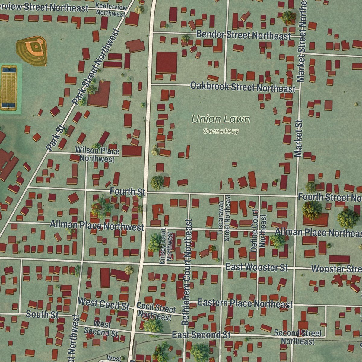 Close-up of the map of Navarre, Ohio print showing street and building detail