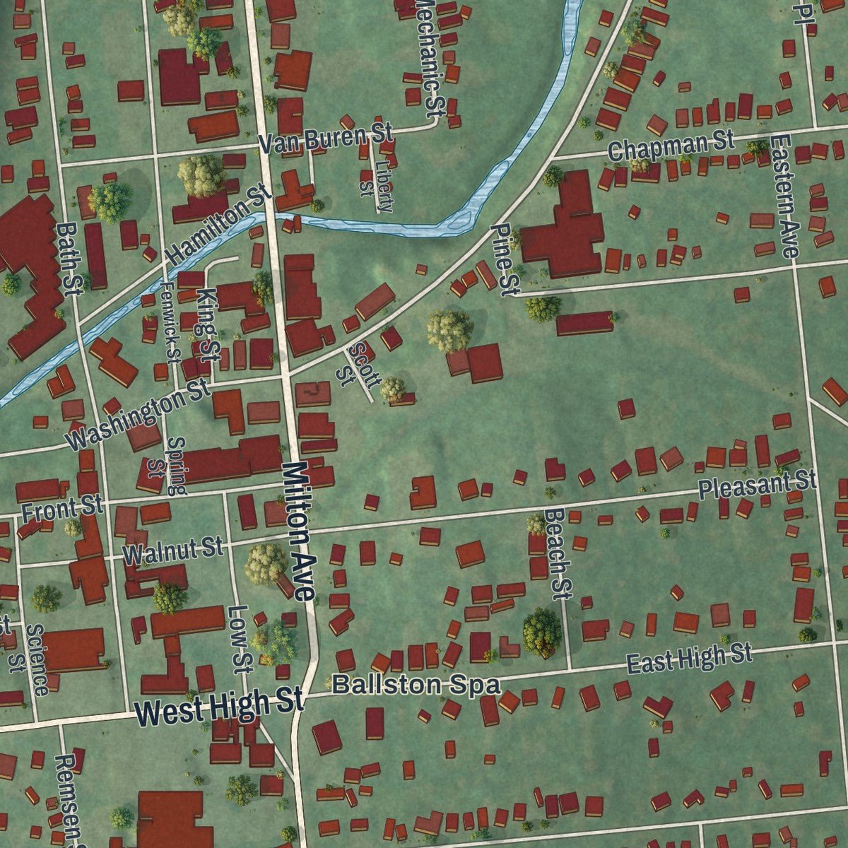Close-up of the map of Ballston Spa, New York print showing street and building detail