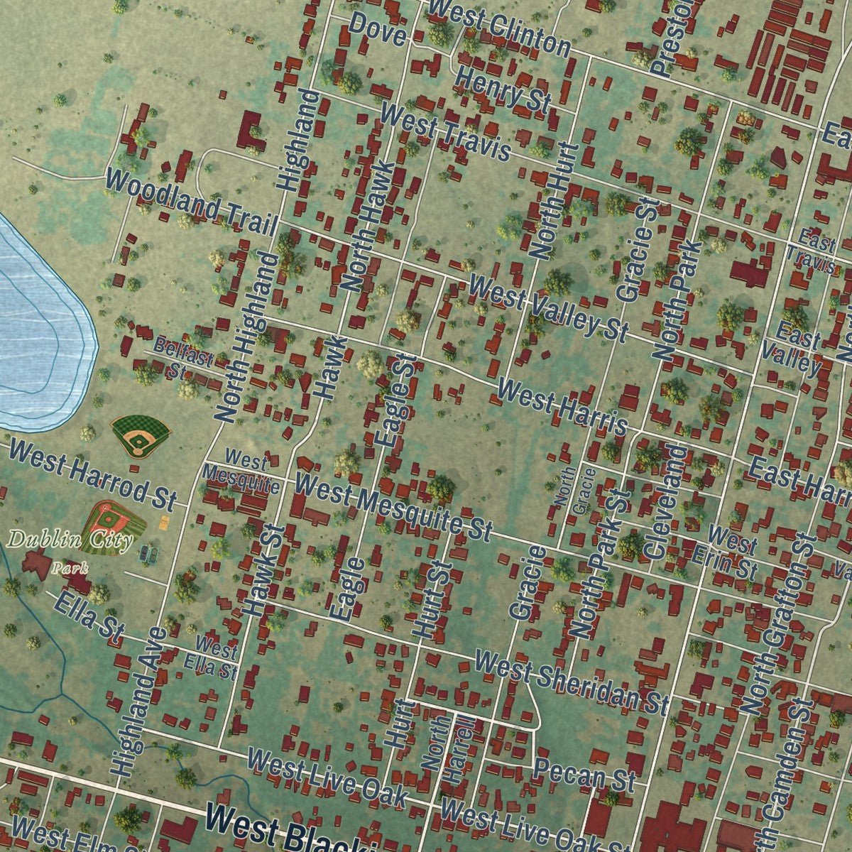 Close-up of the map of Dublin, Texas print showing street and building detail