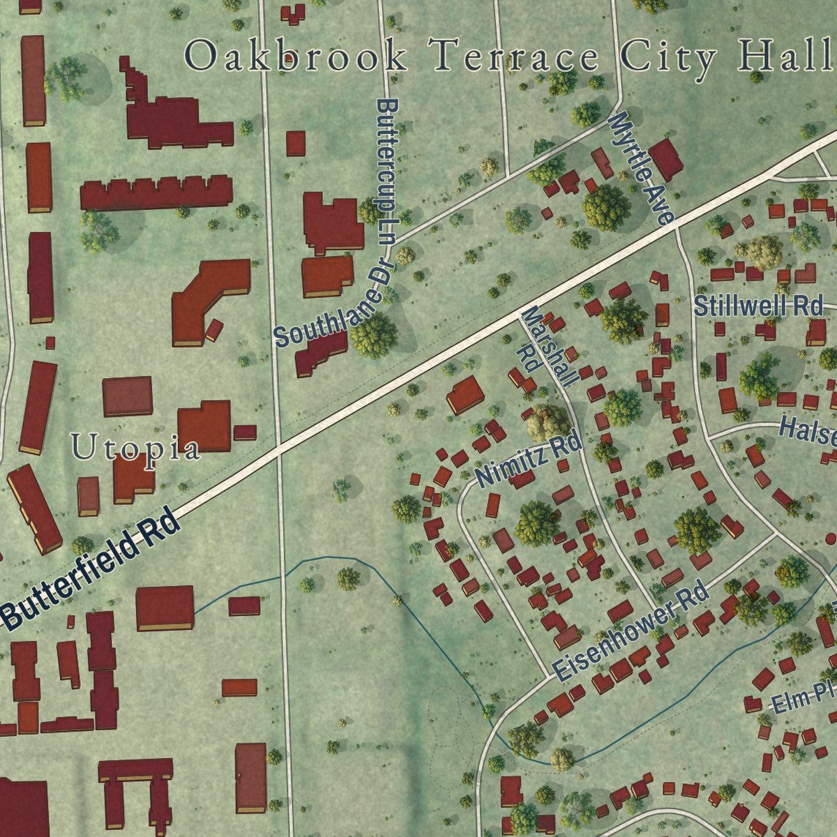 Close-up of the map of Oakbrook Terrace, Illinois print showing street and building detail