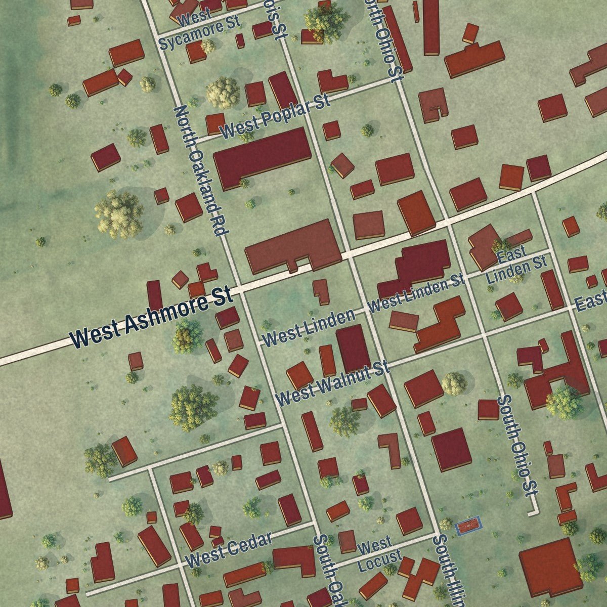 Close-up of the map of Ashmore, Illinois print showing street and building detail