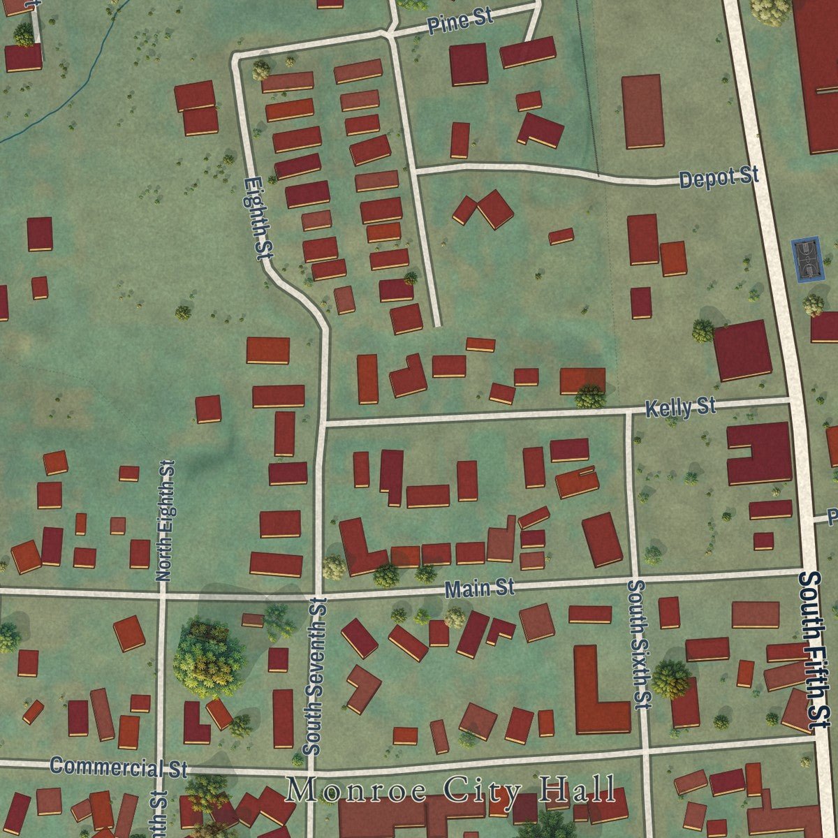Close-up of the map of Monroe, Oregon print showing street and building detail