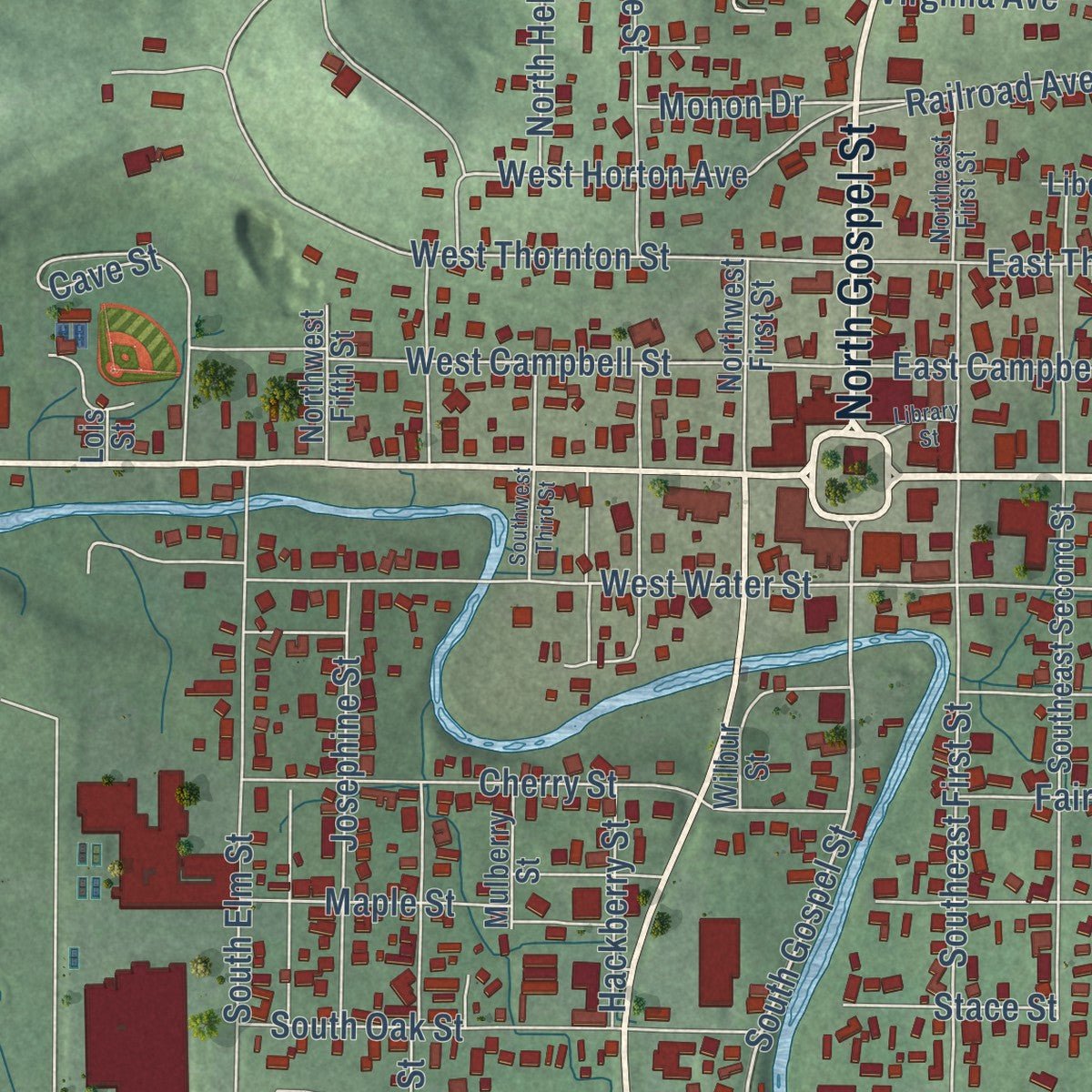 Close-up of the map of Paoli, Indiana print showing street and building detail