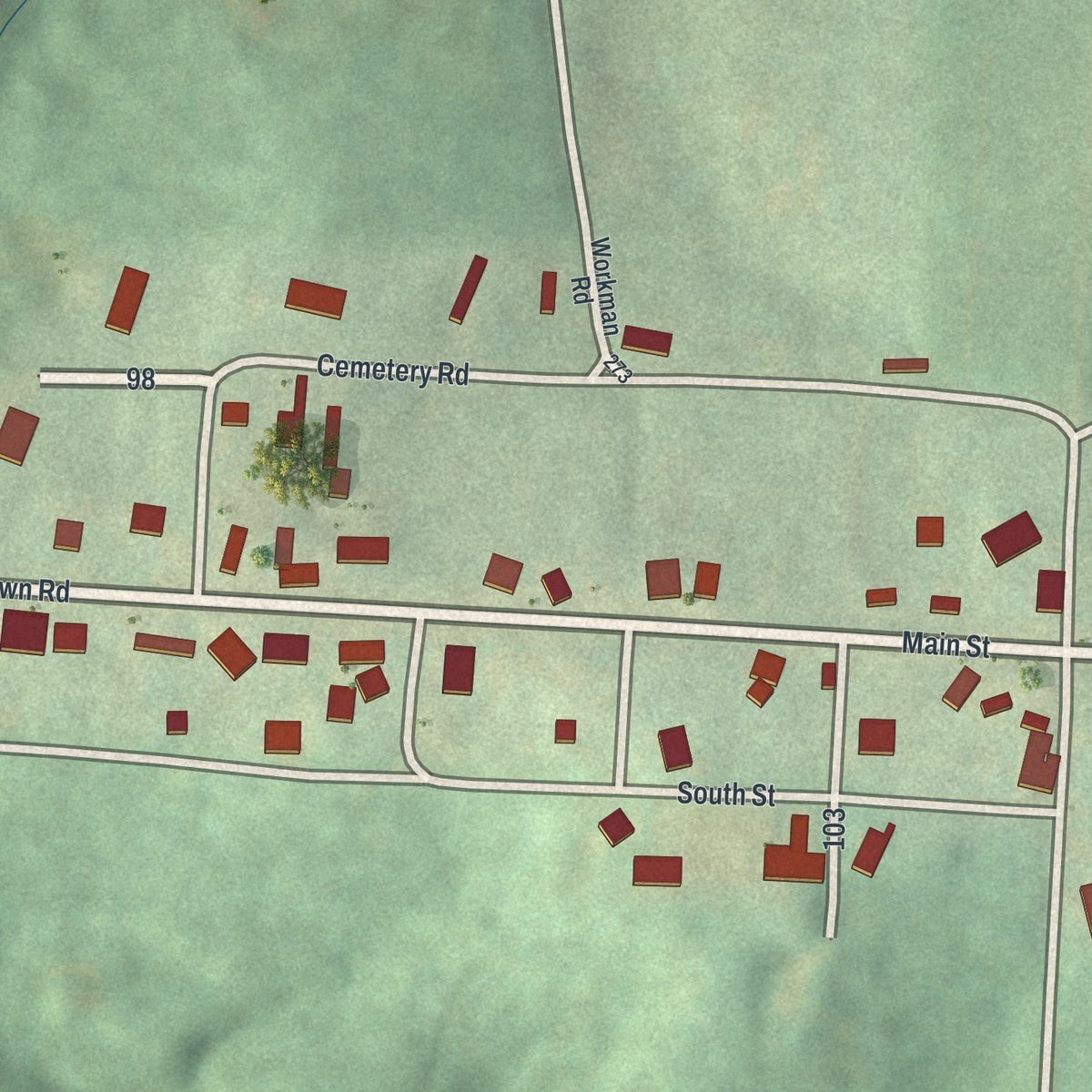 Close-up of the map of Fultonham, Ohio print showing street and building detail