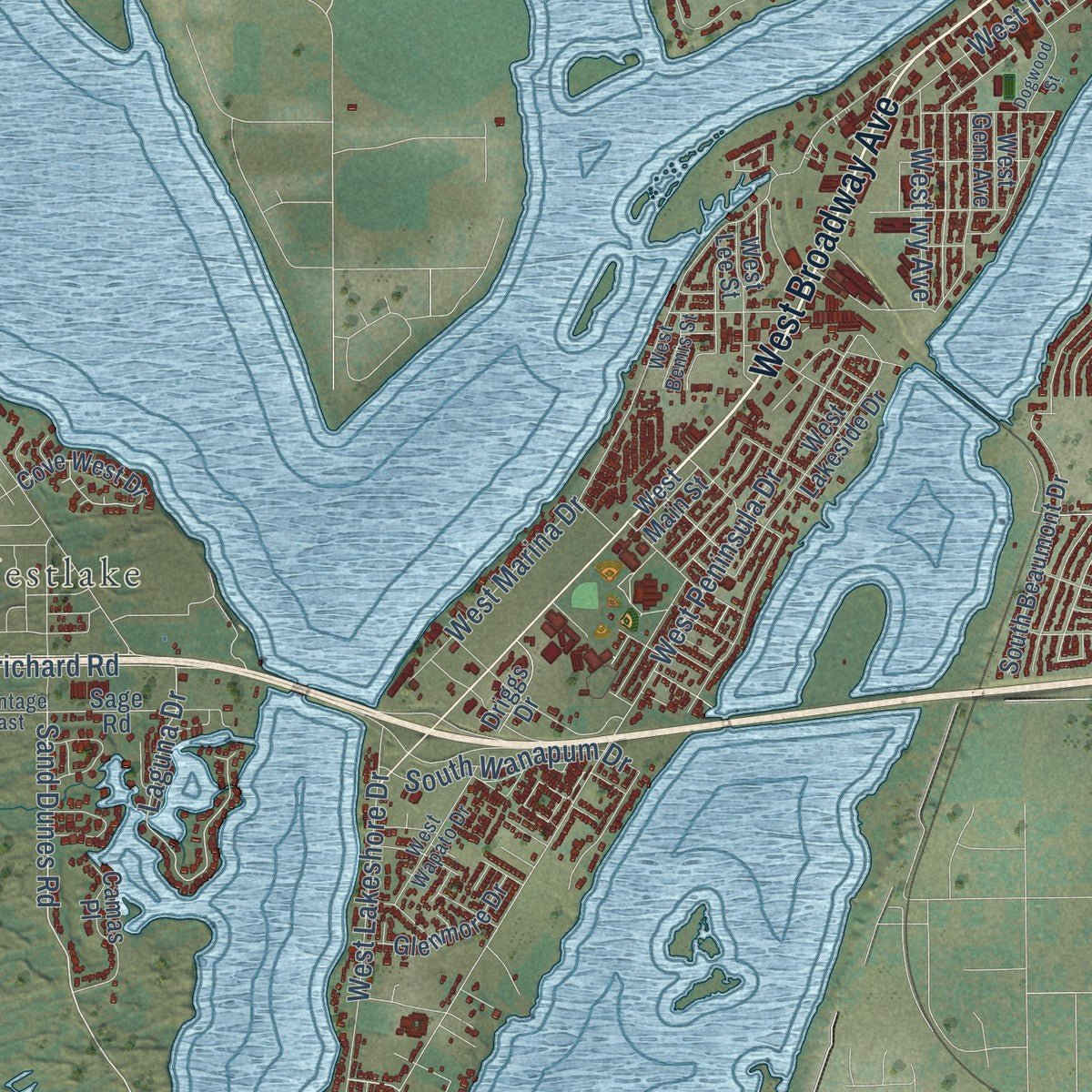 Close-up of the map of Moses Lake, Washington print showing street and building detail