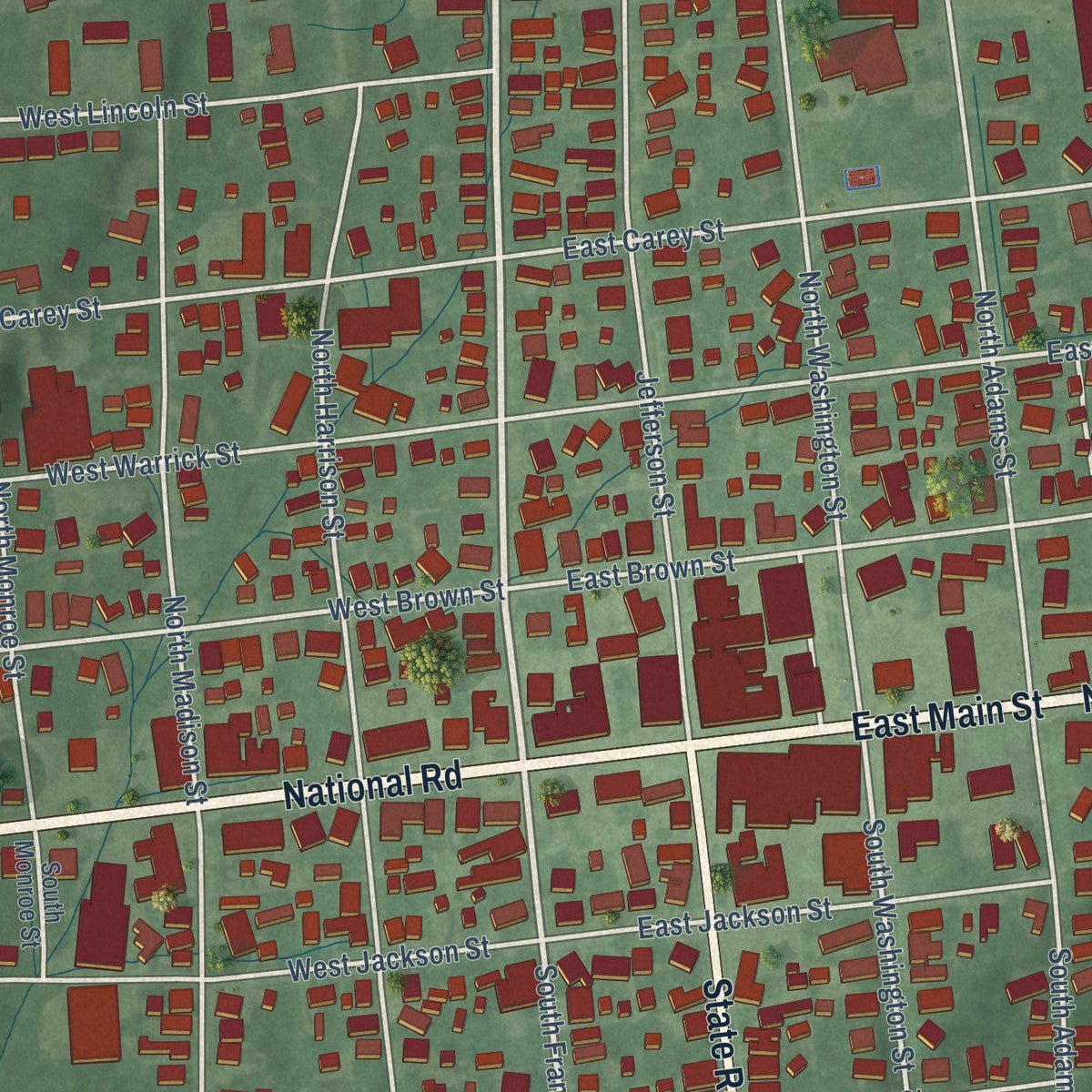 Close-up of the map of Knightstown, Indiana print showing street and building detail