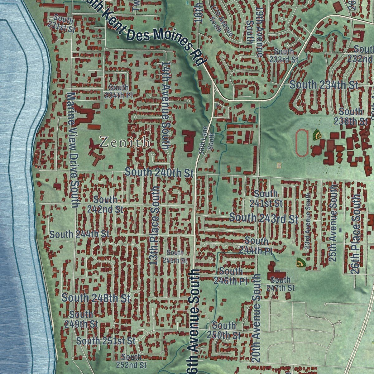 Close-up of the map of Des Moines, Washington print showing street and building detail