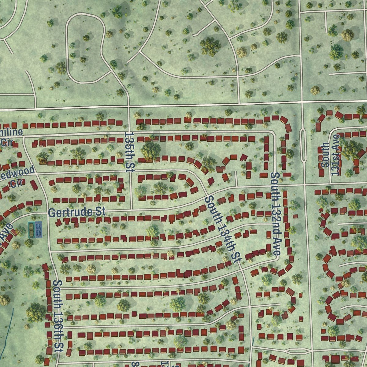 Close-up of the map of Chalco, Nebraska print showing street and building detail