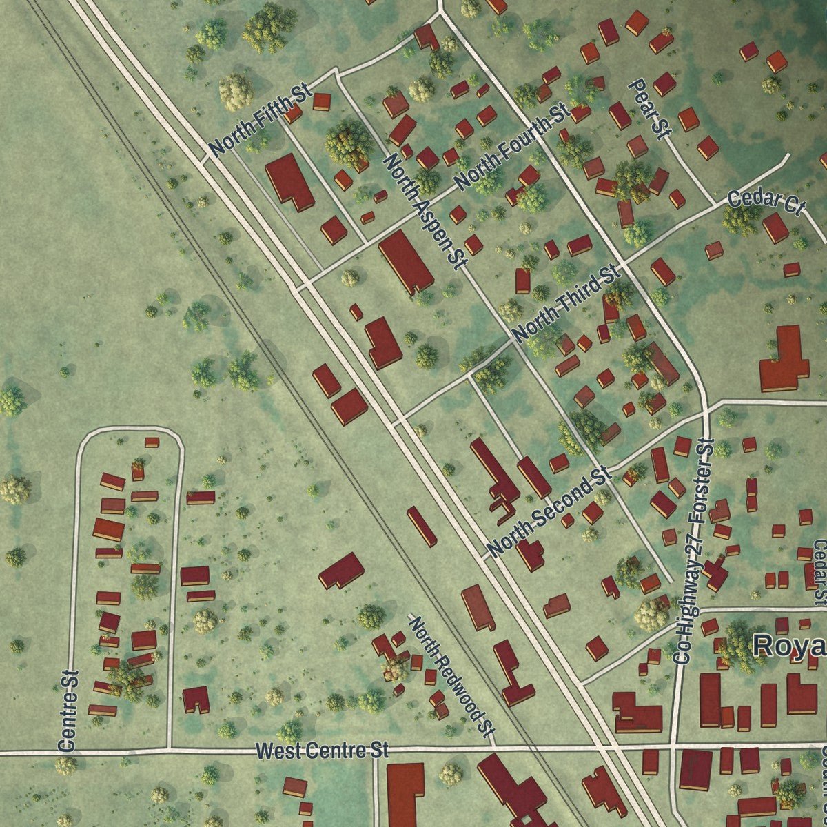 Close-up of the map of Royalton, Minnesota print showing street and building detail