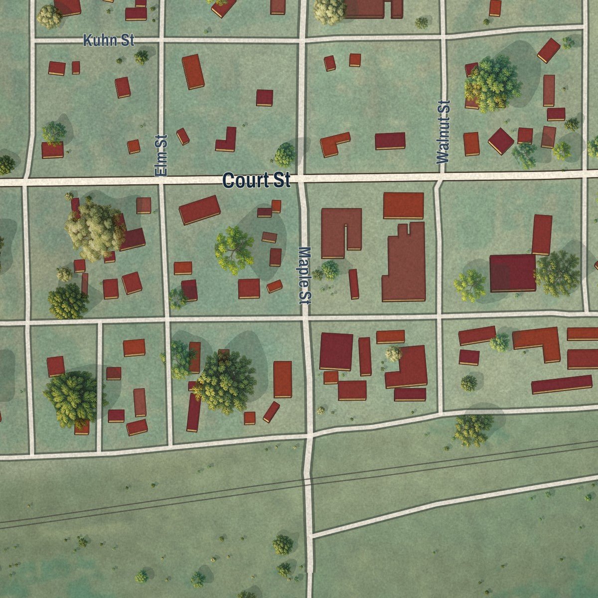 Close-up of the map of Thedford, Nebraska print showing street and building detail
