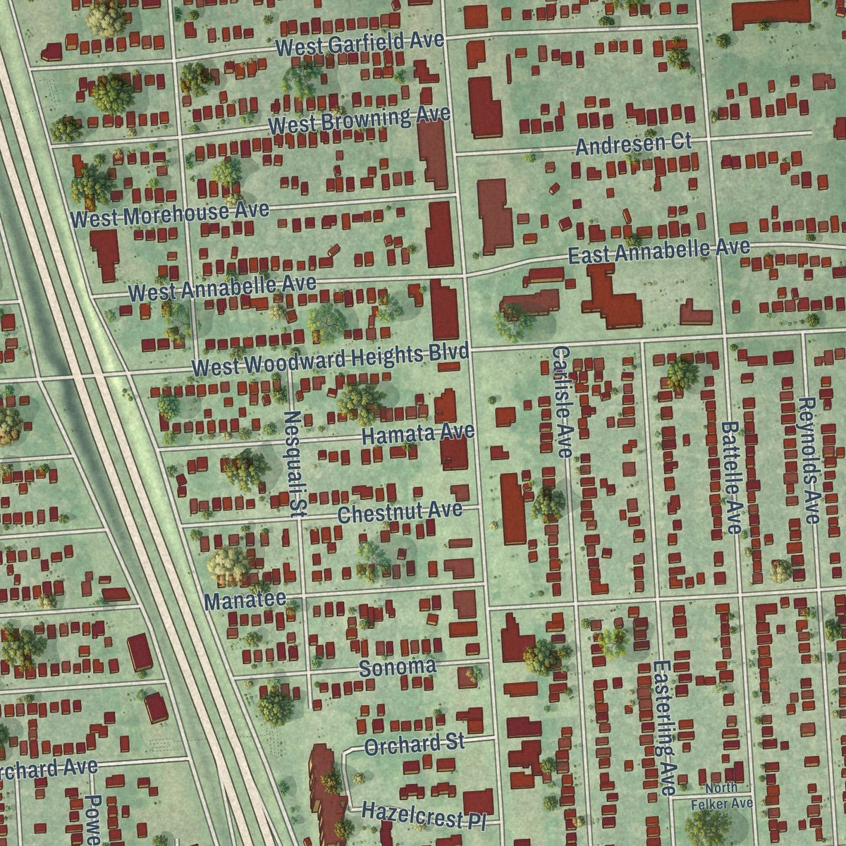 Close-up of the map of Hazel Park, Michigan print showing street and building detail