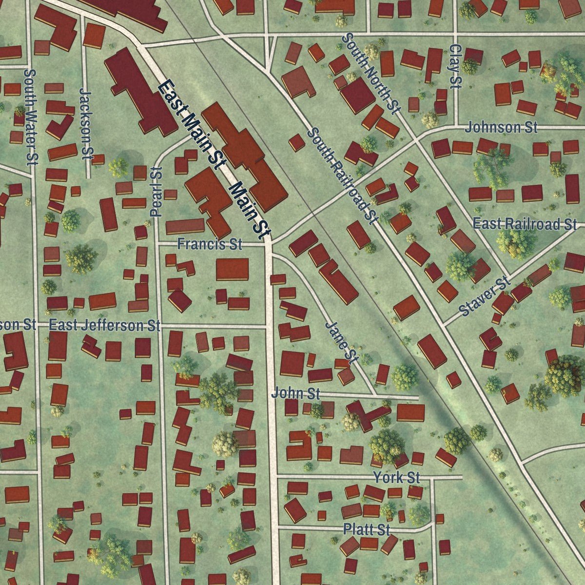 Close-up of the map of Warren, Illinois print showing street and building detail