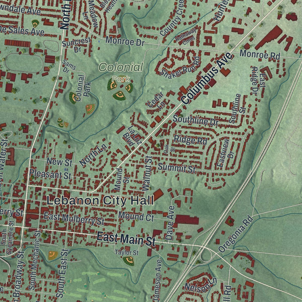 Close-up of the map of Lebanon, Ohio print showing street and building detail