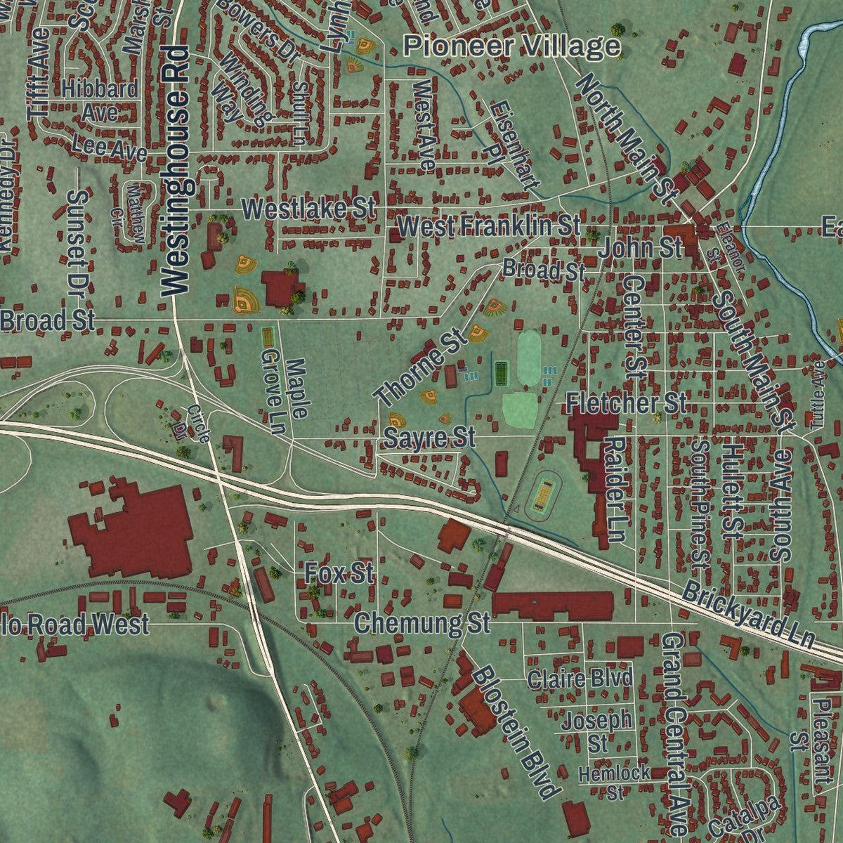 Close-up of the map of the Town of Horseheads, New York print showing street and building detail