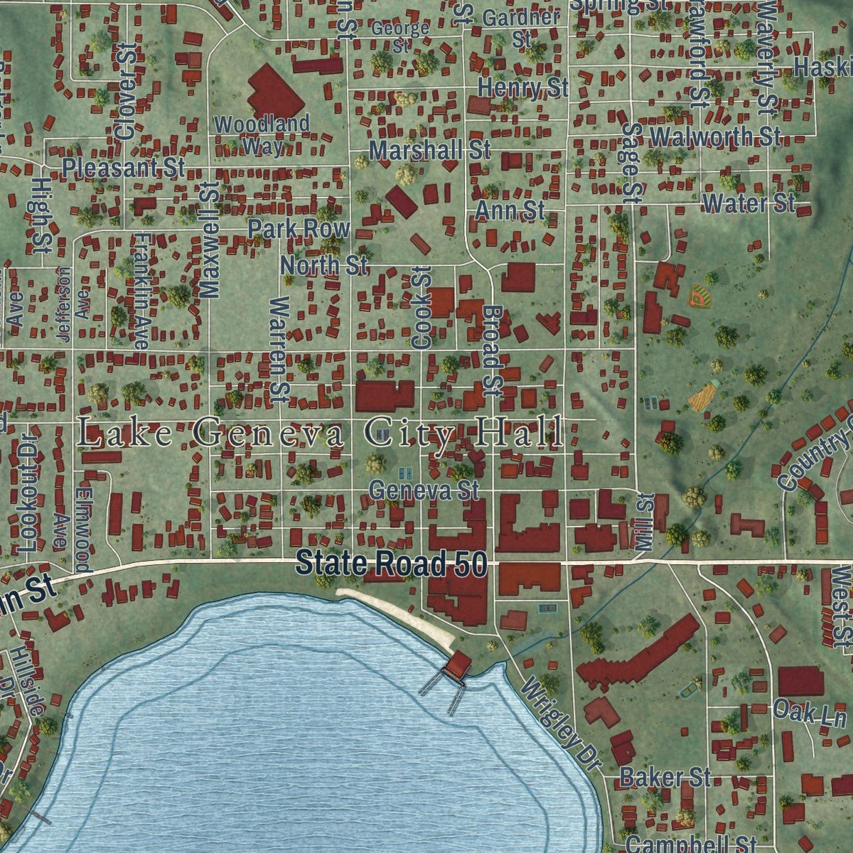 Close-up of the map of Lake Geneva, Wisconsin print showing street and building detail