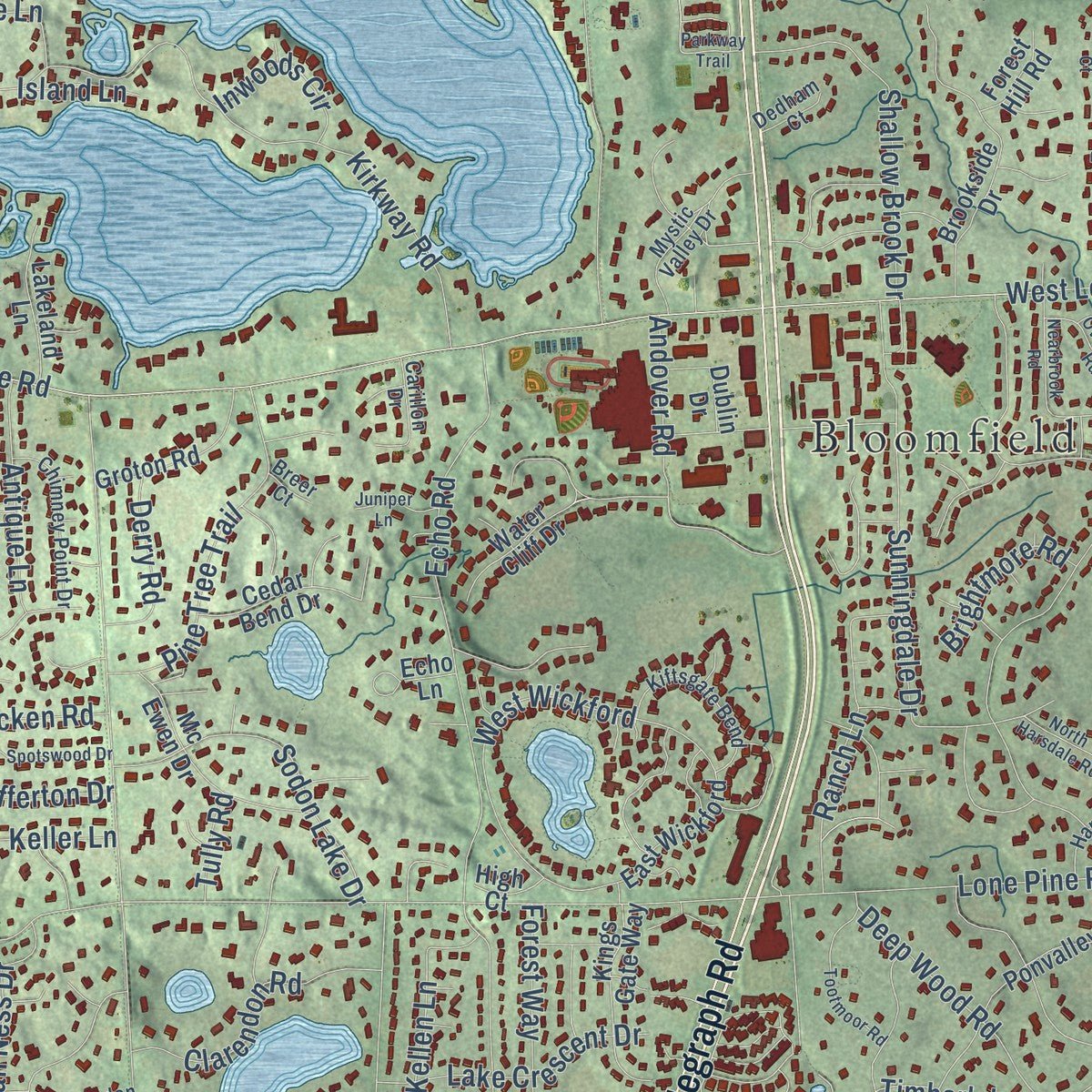 Close-up of the map of Bloomfield, Oakland County, Michigan print showing street and building detail