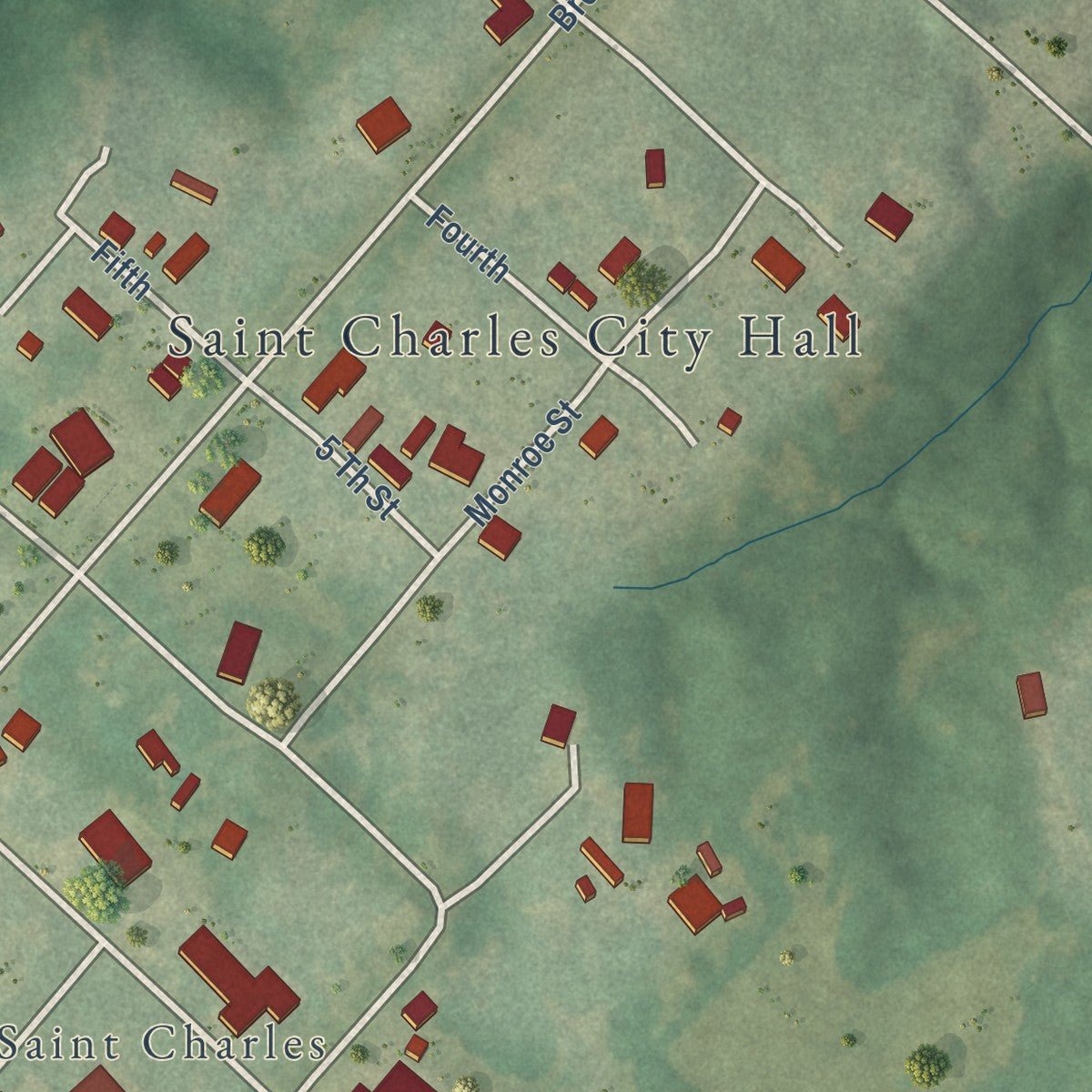 Close-up of the map of St. Charles, Arkansas print showing street and building detail
