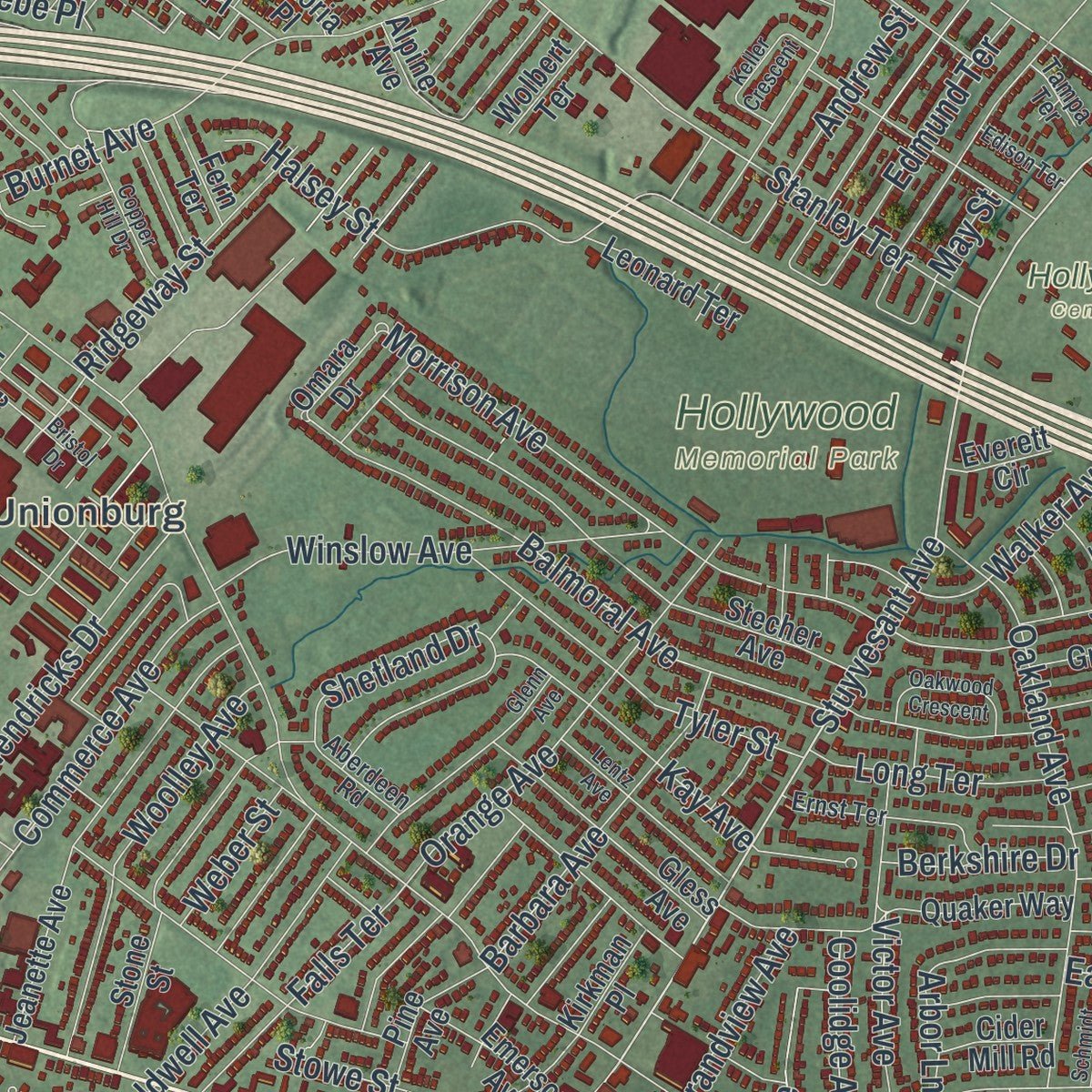 Close-up of the map of Union, Union County, New Jersey print showing street and building detail