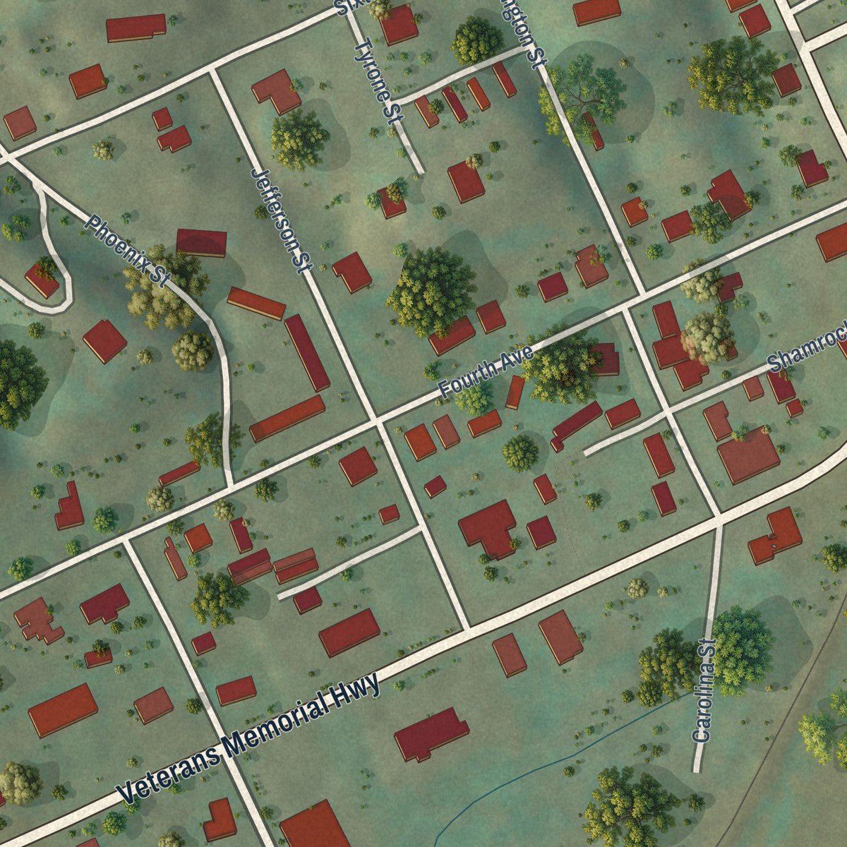 Close-up of the map of Dungannon, Virginia print showing street and building detail